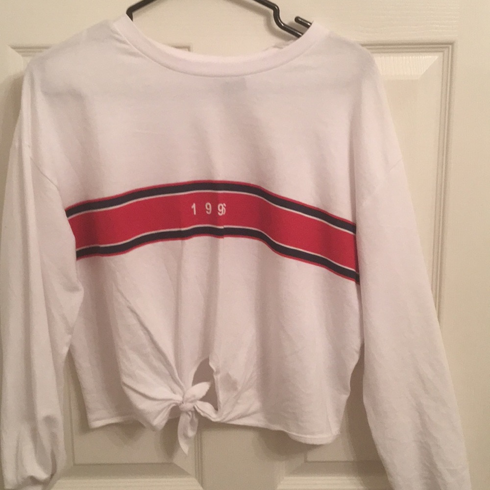 white “1996” top with knot